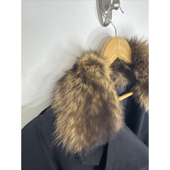 Vintage 80s Women’s L Black Wool Coat Real Fur Collar Cuffs Shoulder Pads - Picture 6 of 9